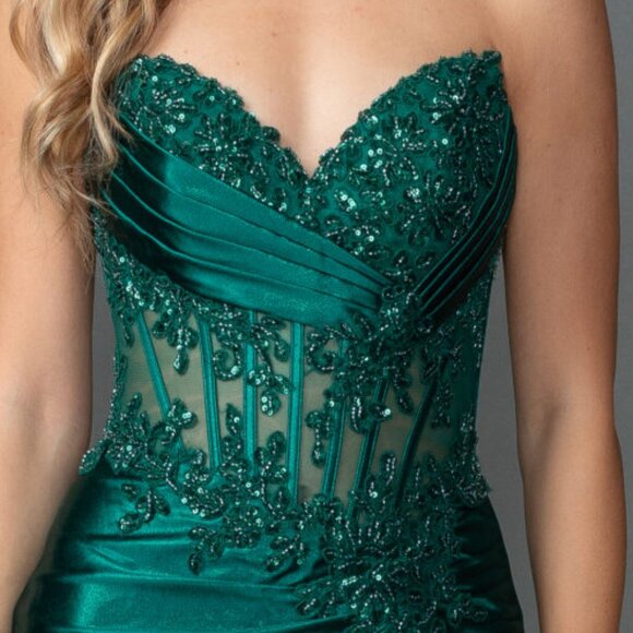 New Beaded Maxi Evening Satin Dress w/ Lace Up Back & Sexy Leg Slit DQ 4560 - Picture 4 of 8